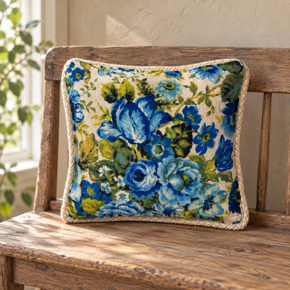 Vintage Floral Throw Pillow 13x14 Blue Green Rope Trim English Cottage Decor